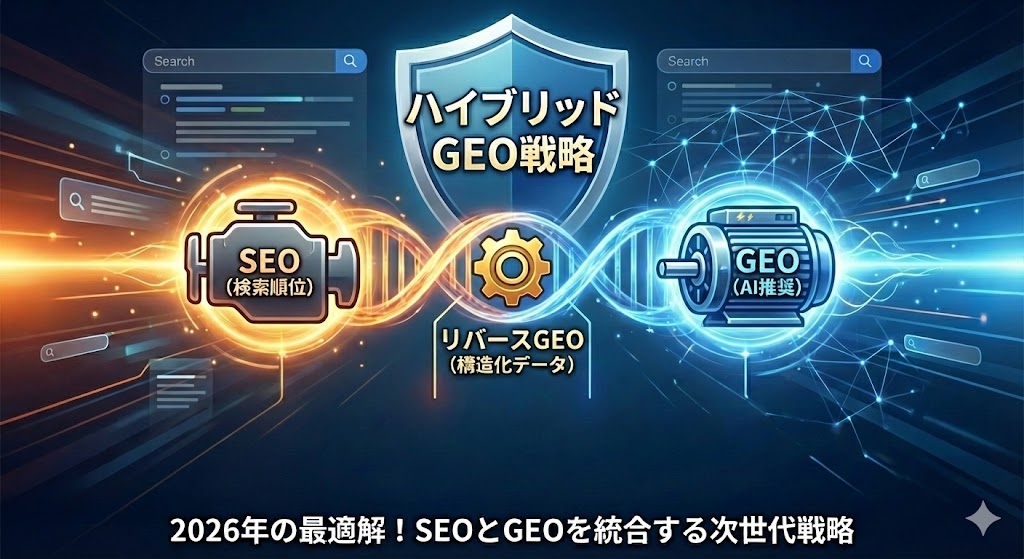 2026年の最適解！SEOとGEOを統合する次世代戦略（ハイブリッドGEO戦略）の図解