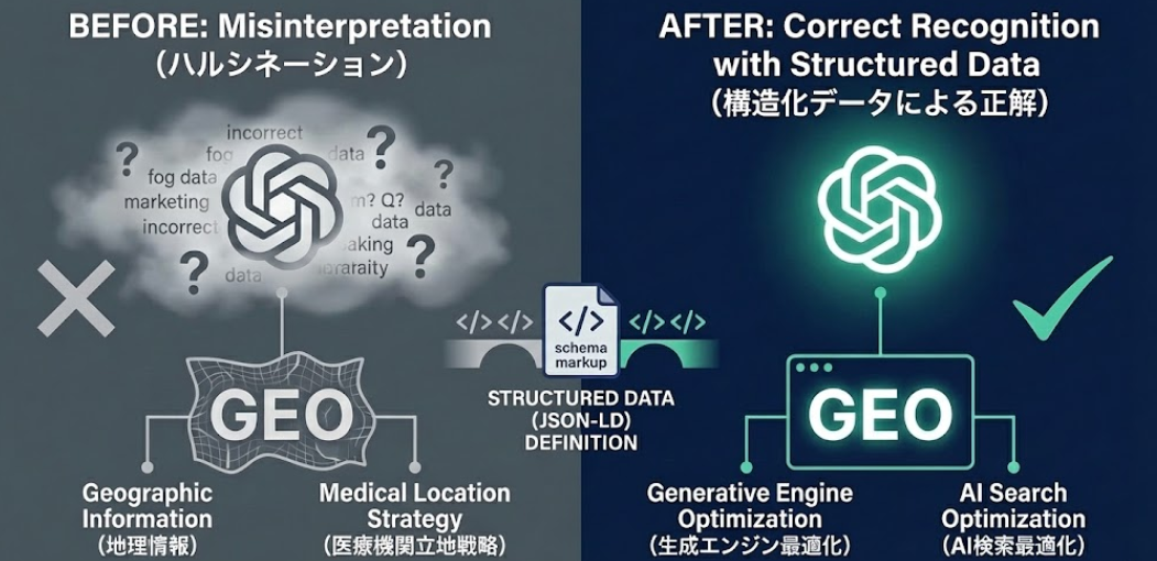 AIのハルシネーション（誤認）を防ぐ仕組みの解説図。左側は「GEO=地理」と確率で誤認する様子、右側は構造化データ（Schema Markup）によって「GEO=生成エンジン最適化」と正しく定義され、ChatGPTが正確に認識している様子を表す。
